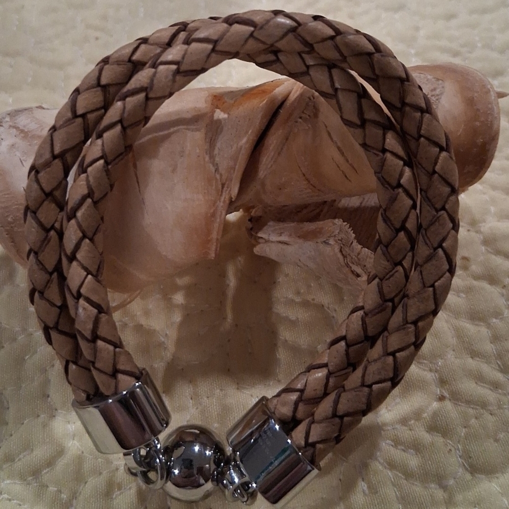 QVC Braided Brown Leather Bracelet with Silver Accents